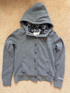 Hollister Sweater Womens Size M Gray Button Front Fair Isle Sherpa Lined